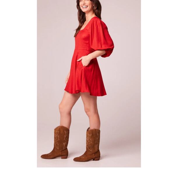 JOSETTE AURORA RED PUFF SLEEVE MINI DRESS‎ SQUARE NECKLINE XS - Picture 3 of 8